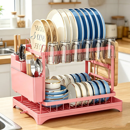 Égouttoir à vaisselle à 2 niveaux avec plateau d'égouttage pour comptoir de cuisine – Égouttoir en métal grande capacité avec plateau de récupération, organisateur pour assiettes, tasses et ustensiles, disponible en noir, blanc et gris