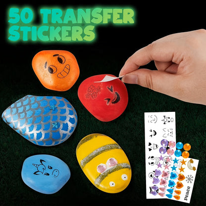 Kit de peinture sur galets phosphorescents pour enfants dès 6 ans – Ensemble complet d'arts créatifs avec 10 galets, 17 peintures, pierres précieuses, pinceaux et autocollants | Jouet créatif STEM pour garçons et filles, cadeau d'anniversaire et de Pâques