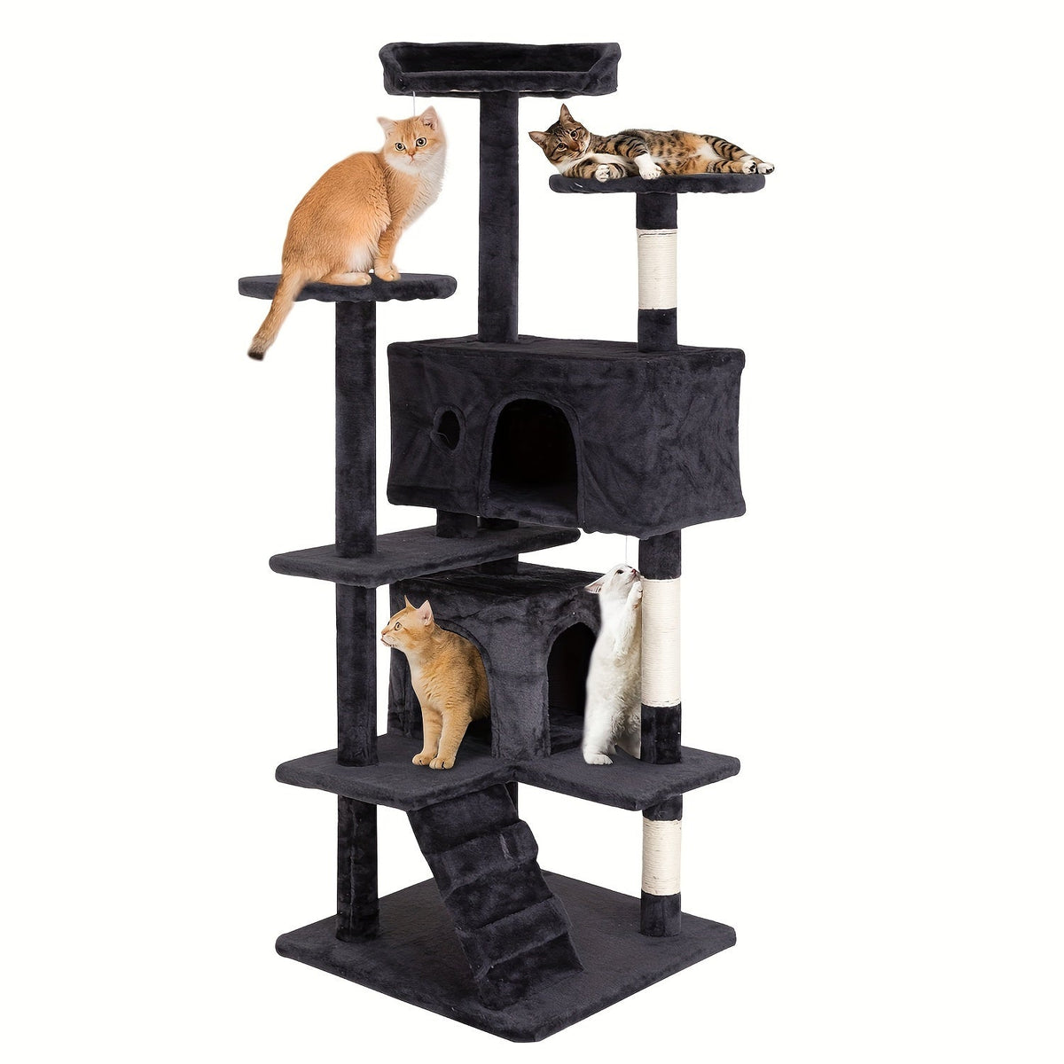 Arbre à chat de 137 cm pour chats d'intérieur – Centre d'activités à plusieurs niveaux avec poteaux à griffer, niche et jouets pour chatons et chats adultes, gris foncé