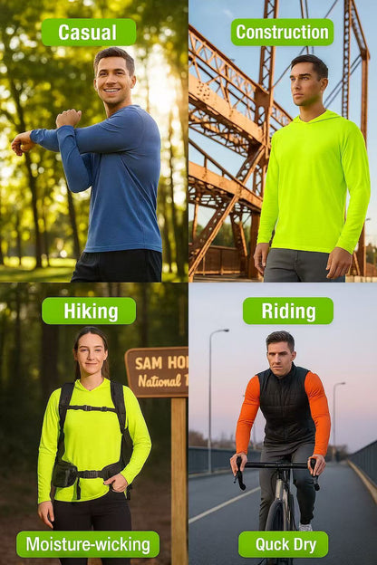 Lot de 3 sweats à capuche de protection solaire UPF 50+ pour homme, manches longues, évacuation de l'humidité, séchage rapide, respirant, t-shirt de performance pour randonnée, pêche, course à pied – Tailles S à XXXL, jaune fluorescent