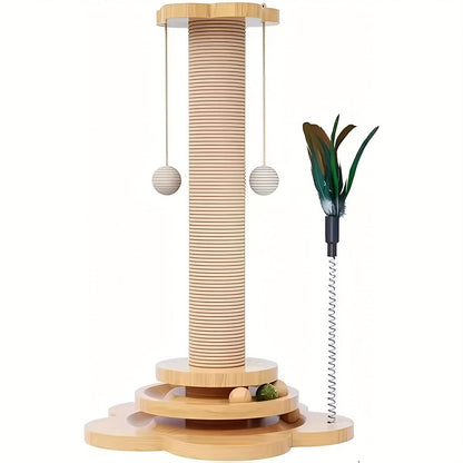 Arbre à chat 4-en-1 avec griffoir en sisal, jouet à plume, circuit à balles à deux niveaux et 6 balles en bois – Centre d'activité en bois massif anti-basculement pour chats d'intérieur, chatons et foyers multi-chats