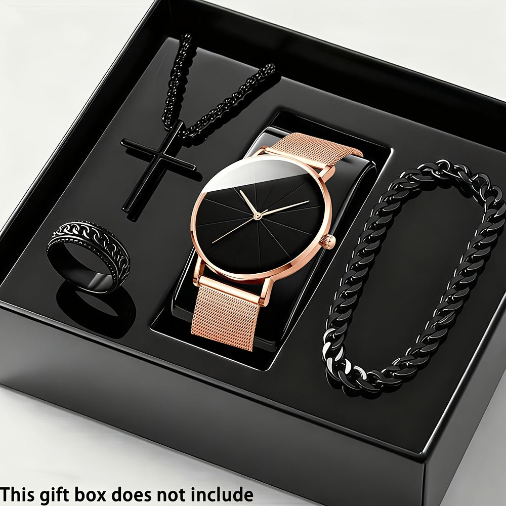Coffret cadeau montre à quartz et bracelet pour homme, 4 pièces - Montre élégante à boîtier en alliage et cadran rond, style sport, décontracté et professionnel, avec bracelet assorti pour le quotidien, les anniversaires et les fêtes.
