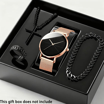 Coffret cadeau montre à quartz et bracelet pour homme, 4 pièces - Montre élégante à boîtier en alliage et cadran rond, style sport, décontracté et professionnel, avec bracelet assorti pour le quotidien, les anniversaires et les fêtes.