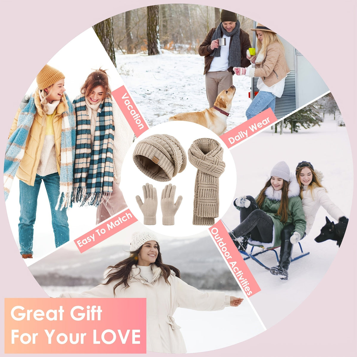 Ensemble d'hiver 3-en-1 pour femme : bonnet, longue écharpe et gants tactiles, accessoires doux et chauds pour temps froid, 4 coloris, cadeau pour elle