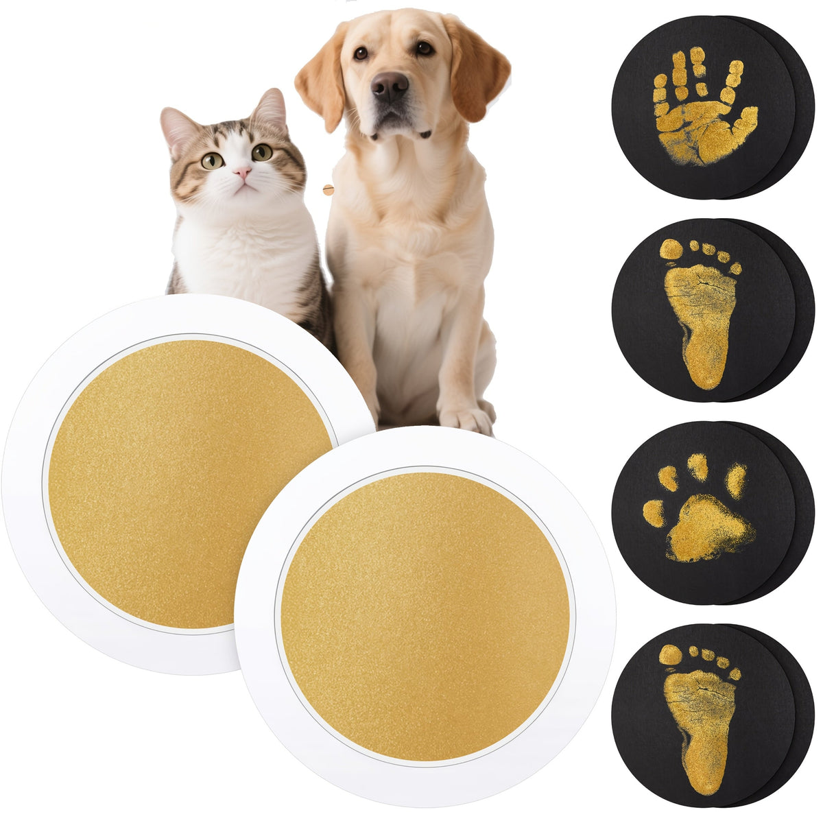 Kit d'empreintes de pattes d'animaux rond, 2 boîtes pour 4 empreintes - Ensemble souvenir d'empreintes de pattes pour chiens et chats sans contact, souvenir personnalisé de 11 cm, kit de bricolage souvenir pour propriétaires d'animaux, or et noir