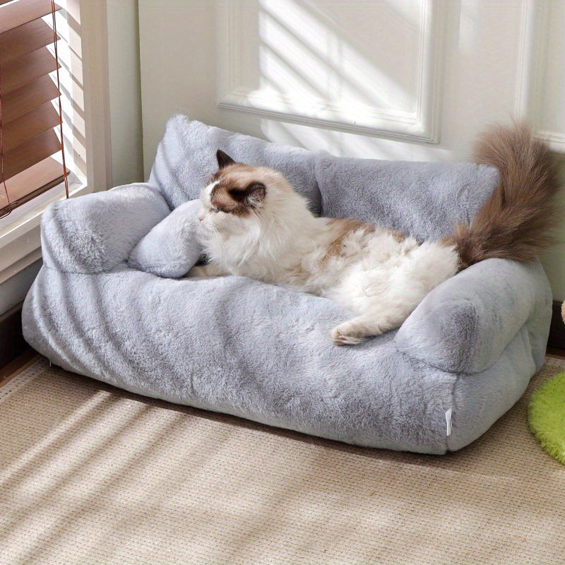 Petit canapé-lit pour animaux avec coussin pour chats et chiens - Nid douillet en peluche pour chaton et chiot, housse amovible lavable en machine, fond antidérapant, canapé-lit toutes saisons à double usage pour chat et chien 55x38x20 cm