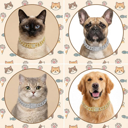 2-Pack Cuban Link Cat Chain Collar Set, Gold & Silver Adjustable Metal Pet Necklace for Cats & Small Dogs, Lightweight Bling Cat Collar Chain, Fashion Pet Jewelry Accessory for Cats