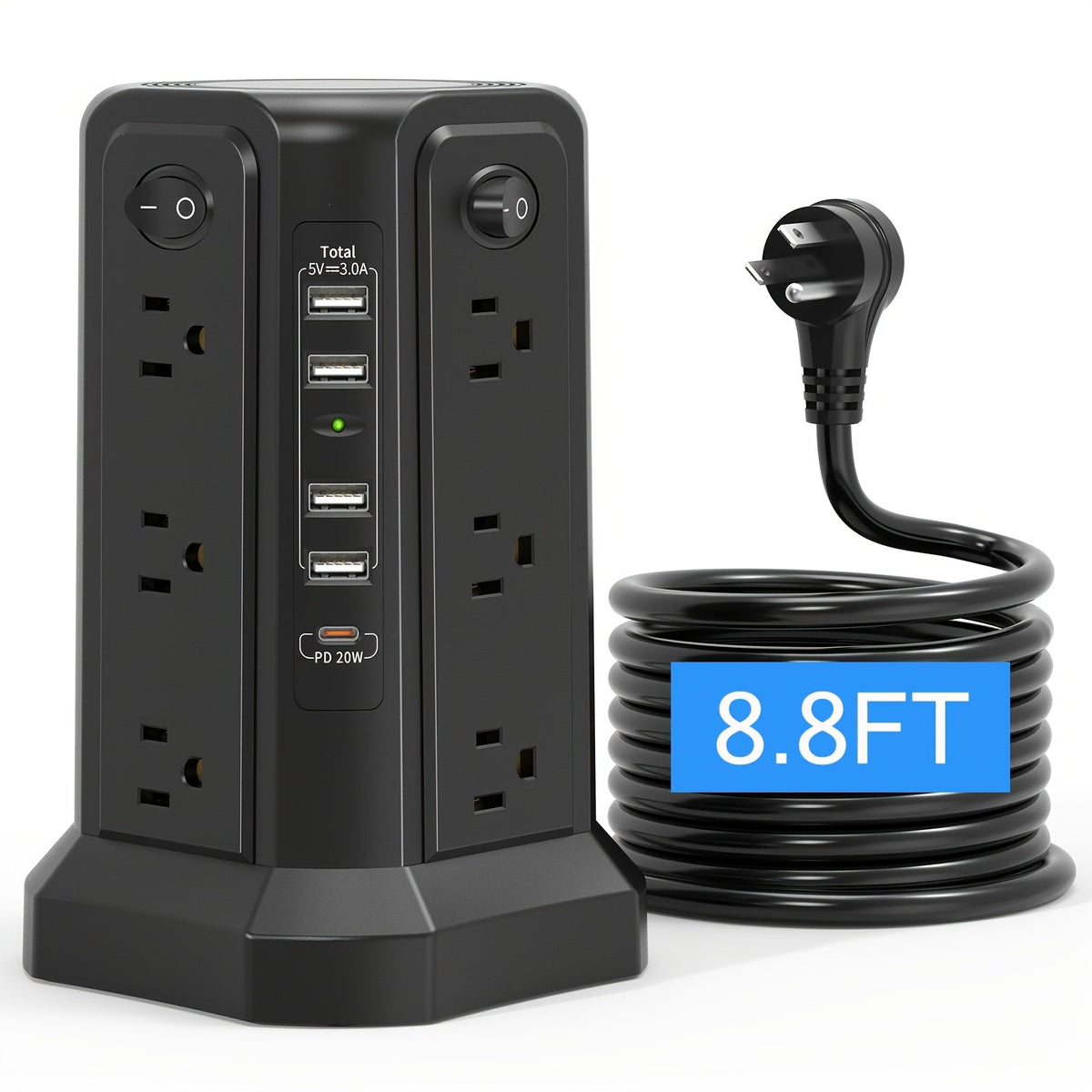 Tour multiprise, 16 prises CA, 5 ports USB, USB-C PD 20W, parafoudre 1500J, prise plate, rallonge de bureau