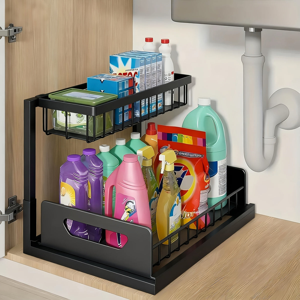 Organisateur sous évier à 2 niveaux, tiroir coulissant en métal pour rangement de cuisine, salle de bain ou plan de travail, accessoires de rangement et étagère.