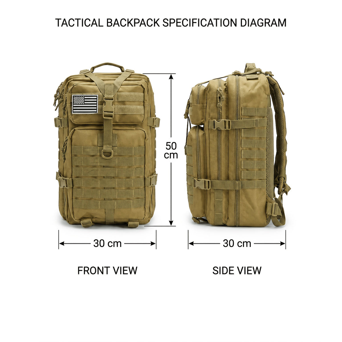 Sac à dos de randonnée tactique 45 L pour 3 jours – Sac multifonction pour le camping, le trekking et la chasse avec fermeture zippée, sac de sport durable pour hommes et femmes, noir, vert, kaki
