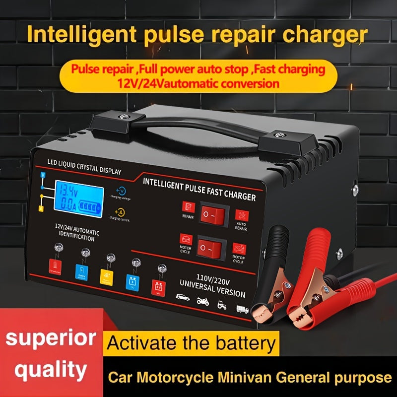 Chargeur de batterie universel intelligent 12V 24V avec écran LCD, réparation par impulsion, maintien de charge pour voiture, camion, moto, bateau, tondeuse à gazon, moissonneuse – Régulation automatique de la température