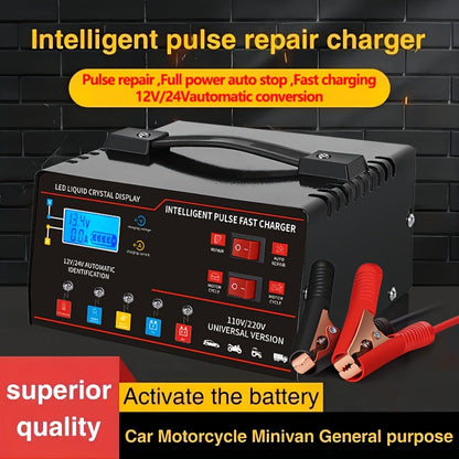 Chargeur de batterie universel intelligent 12V 24V avec écran LCD, réparation par impulsion, maintien de charge pour voiture, camion, moto, bateau, tondeuse à gazon, moissonneuse – Régulation automatique de la température