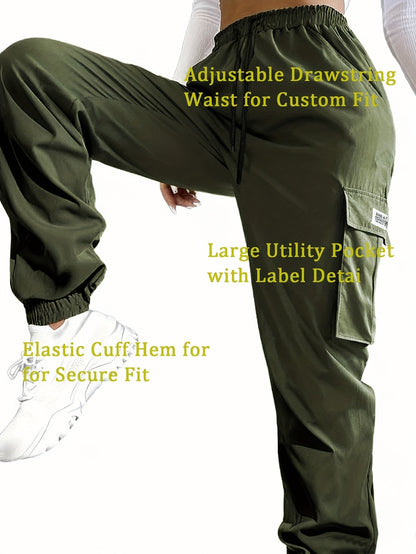 Pantalon cargo pour femme avec poches zippées – Taille élastique à cordon de serrage, grandes poches, pantalon décontracté pour l'extérieur, noir, gris, vert, bleu, XS-XXL