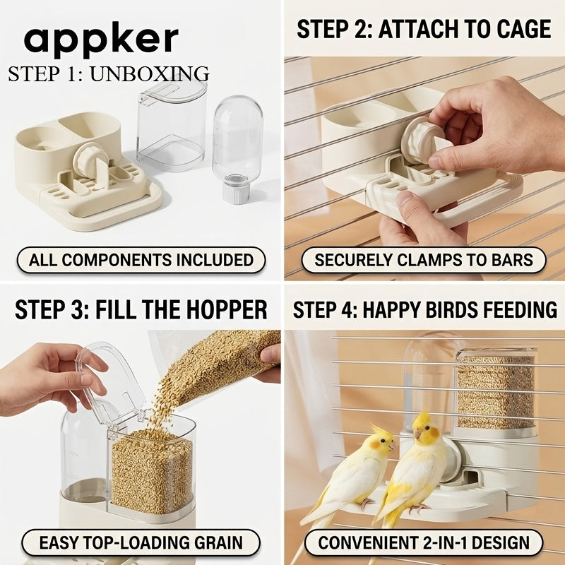 Mangeoire et abreuvoir 2-en-1 suspendus avec perchoir - Récipient multifonction pour nourriture et eau pour oiseaux en cage, sans électricité, accessoire pour perruches et petits oiseaux