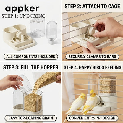 Mangeoire et abreuvoir 2-en-1 suspendus avec perchoir - Récipient multifonction pour nourriture et eau pour oiseaux en cage, sans électricité, accessoire pour perruches et petits oiseaux