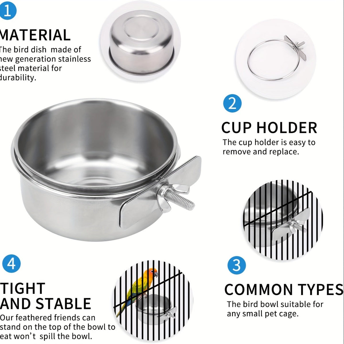 Ensemble mangeoire et abreuvoir pour cage à oiseaux – Lot de 2 bols de nourriture et d'eau pour perroquets avec support à clip, coupelles robustes en plastique pour perruches, calopsittes, canaris et petits oiseaux de compagnie