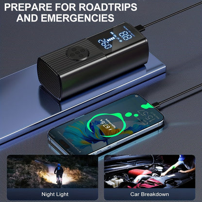 Gonfleur de pneu portable 210 PSI sans fil avec manomètre numérique, batterie rechargeable et lampe LED – Pompe à air sans fil pour voiture, moto, vélo et ballons de sport – Velora