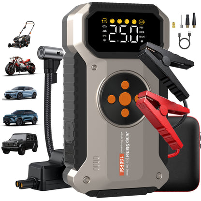 Démarreur de voiture 4000A avec compresseur d'air et gonfleur de pneus – Booster de batterie portable tout-en-un pour moteurs essence et diesel, lampe LED, batterie externe USB, affichage numérique, démarreur d'urgence compact