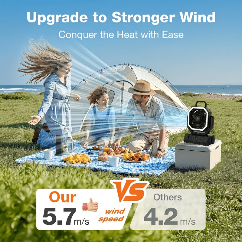 Ventilateur de camping à batterie 20 000 mAh, autonomie 59 h – Ventilateur oscillant portable rechargeable avec télécommande, 4 vitesses, éclairage LED et crochet pour tente, extérieur, terrasse, garage, coupure de courant ou ouragan