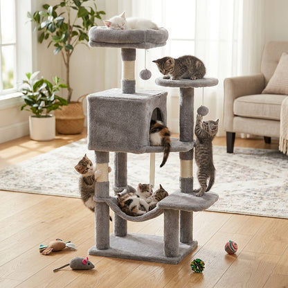 Arbre à chat avec hamac et poteaux à griffer en sisal de 112 cm – Condominium pour chats d'intérieur à plusieurs niveaux avec perchoirs naturels pour grands chats et foyers multi-chats, base stable et robuste, beige, gris, rose, noir