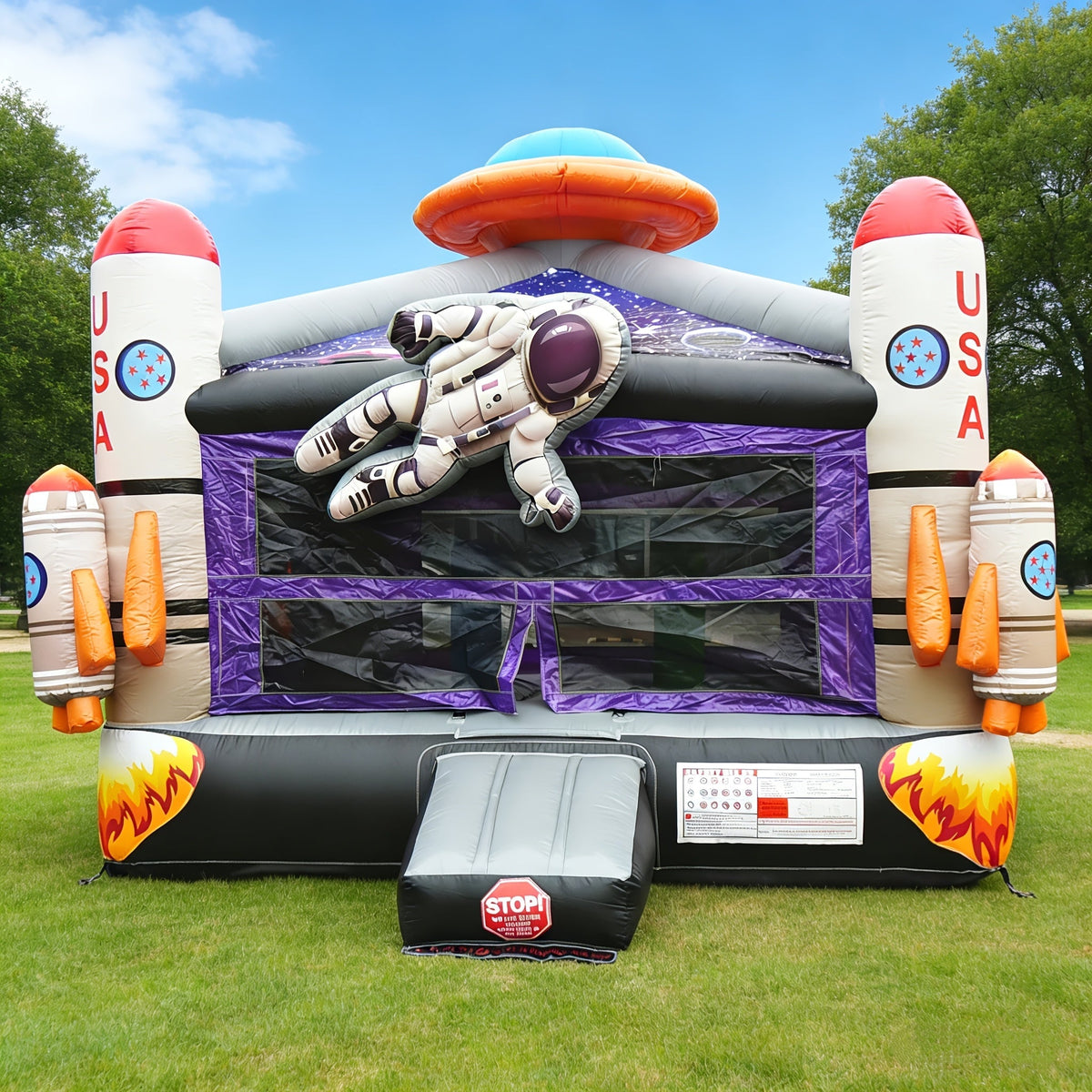 Château gonflable Espace 5 m - Structure gonflable professionnelle en PVC, thème astronaute et fusée, toit ciel étoilé, panier de basket, filets de sécurité à 360° | Fête d'enfants en extérieur (avec ou sans soufflerie)