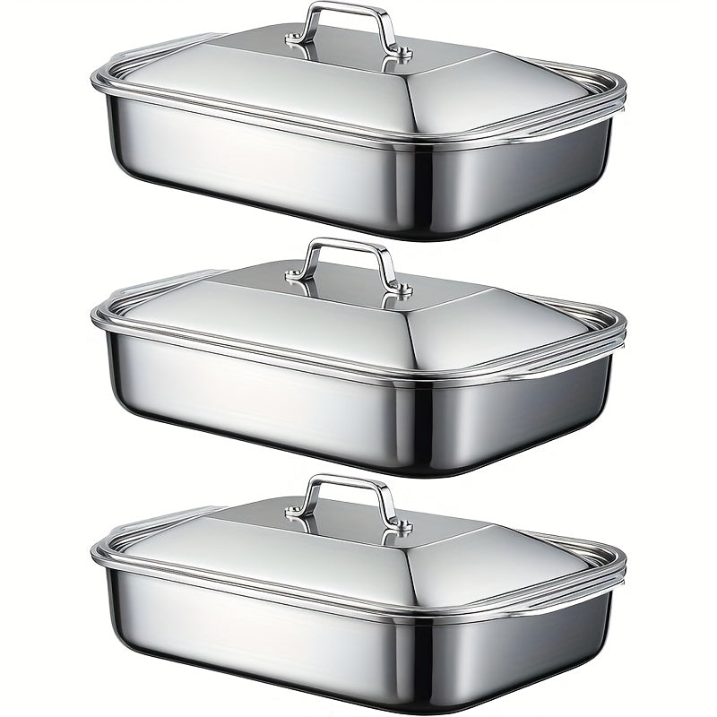 Ensemble de plats de cuisson en acier inoxydable avec couvercles – Grands plateaux de four rectangulaires antiadhésifs et robustes pour rôtir, pain, desserts, fruits de mer, barbecue et service buffet, options de lots de 2, 4, 6 ou 8