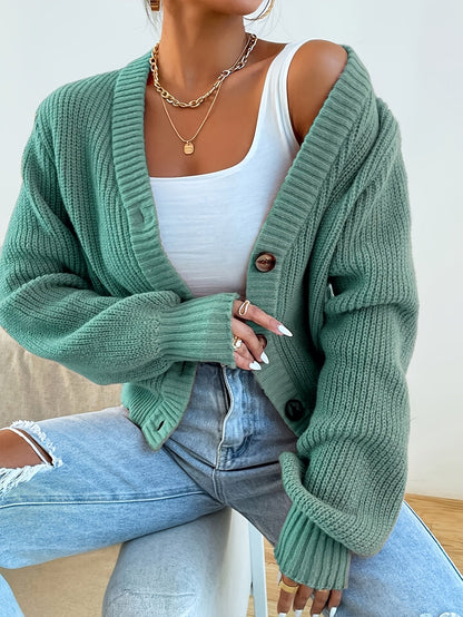 Gilet en maille côtelée pour femme, col en V boutonné à manches longues - Pull ample olive, gilet décontracté et confortable pour l'automne et l'hiver, tailles S-XXL