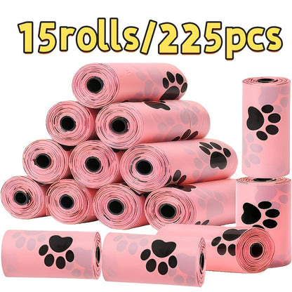 Sacs à déjections canines avec motif d'empreintes de pattes – 15 rouleaux/225 sacs épais et étanches pour chiens et chats, rouleaux prédécoupés faciles à détacher, portables pour les promenades et le nettoyage en extérieur, motif pattes de chat rose