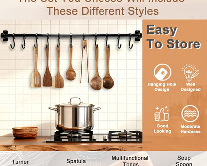 Ensemble d'ustensiles de cuisine en bois 3/5/7 pièces, cuillères, spatules, spurtle, louche et spatule à wok en bois naturel avec poignées ergonomiques, outils de cuisine robustes, résistants à la chaleur et sans danger pour les revêtements antiadhésifs