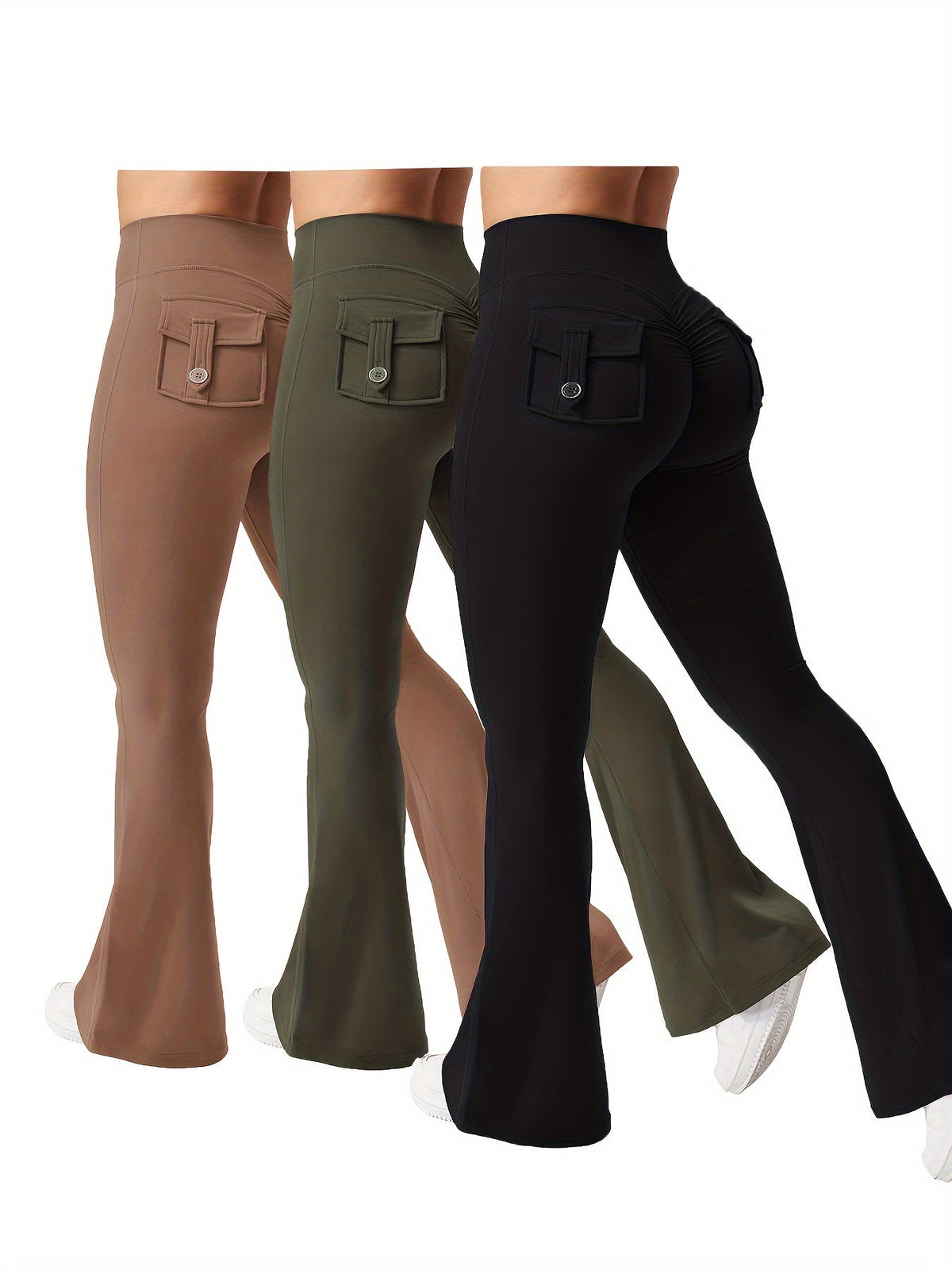 Ensemble 3 pièces pour femme : pantalon de yoga évasé à taille haute avec ceinture et poches, legging galbant effet push-up, squat-proof, 90 % polyester extensible, coupe évasée pour le sport, la gym, la course et le quotidien