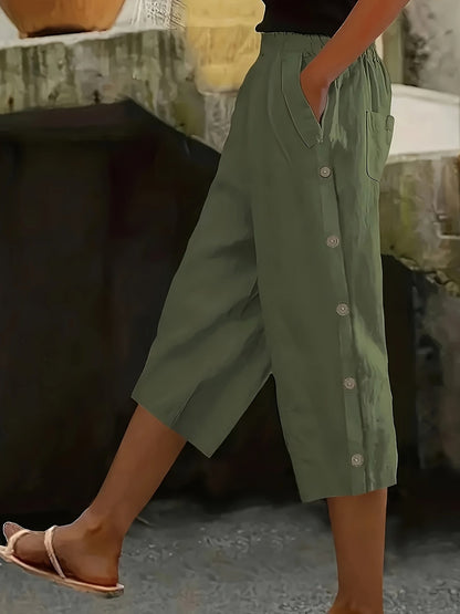 Women's Capri Pants Elastic Waist Button Decoration Casual All-Season Comfort Pants with Pockets Black Olive Green Navy Coffee Off-White S M L XL XXL