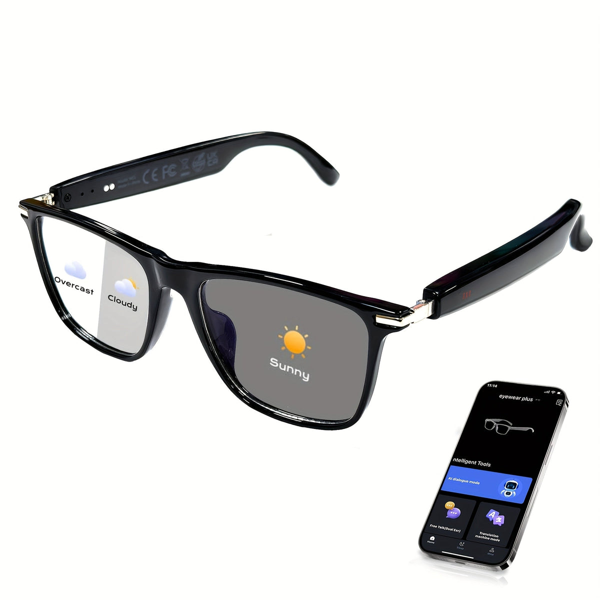 Lunettes intelligentes avec traduction instantanée en 160 langues, assistant GPT, audio Bluetooth 5.2, appels mains libres, lecture de musique, verres photochromiques et anti-lumière bleue – Technologie portable unisexe