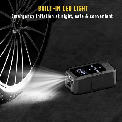 Gonfleur de pneus portable sans fil – Compresseur d'air intelligent sans fil avec manomètre numérique et lampe LED pour voitures, motos, vélos et ballons, recharge rapide Type-C