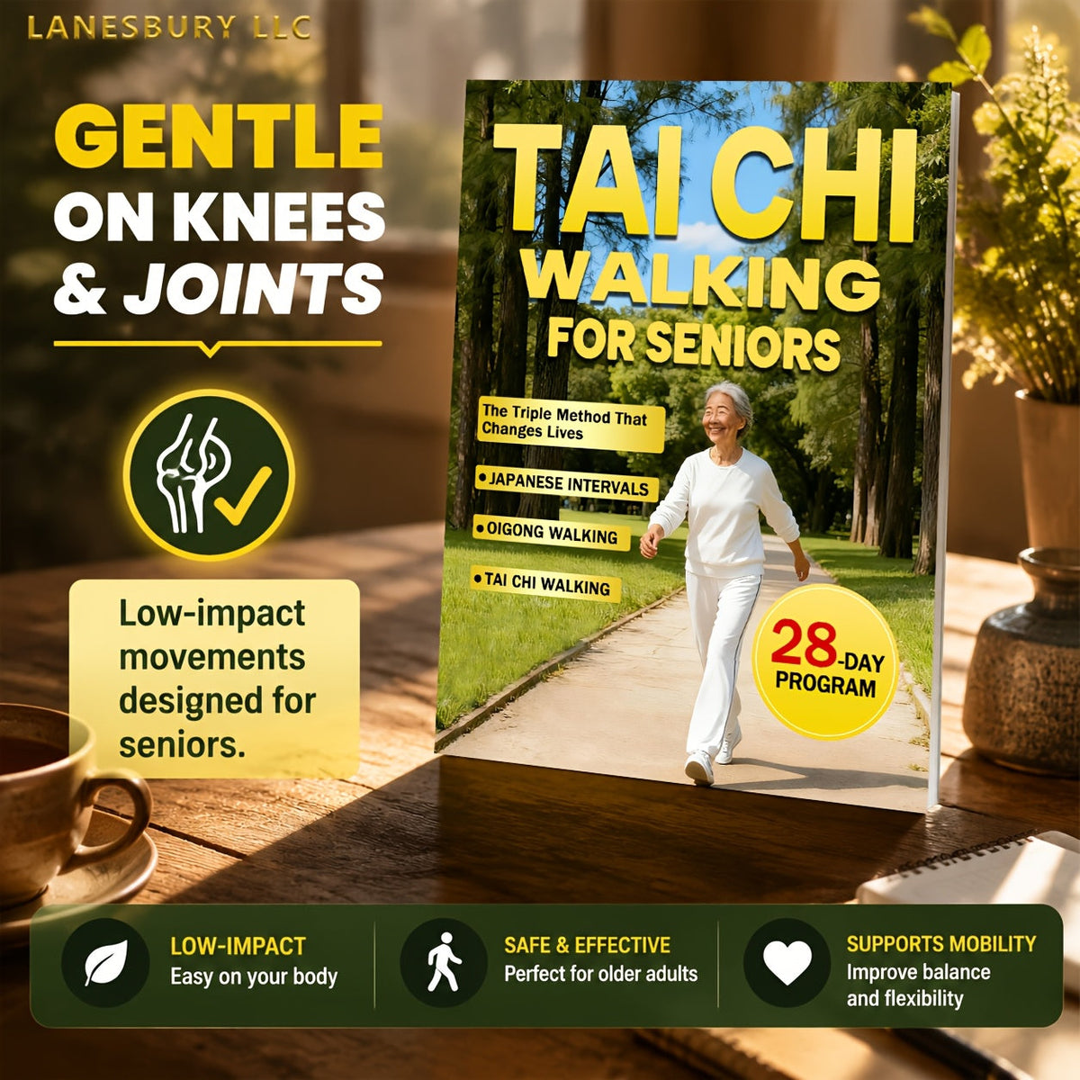 Marche Tai Chi pour les seniors - Perte de poids sans effort et soins doux avec la méthode triple sur 28 jours, intervalles japonais et marche Qigong, guide de fitness à faible impact pour les adultes âgés