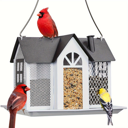 Mangeoire pour oiseaux sauvages d'extérieur avec trois stations de nourrissage – Mangeoire en maille métallique résistante aux intempéries pour pinsons, cardinaux et mésanges, grande capacité, à suspendre, cadeau pour les amoureux des oiseaux