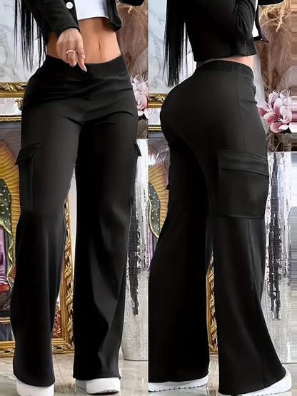 Pantalon large pour femme noir – Pantalon décontracté taille haute à enfiler avec poches, coupe droite et ample pour le bureau, le business casual et le quotidien, tailles XS-XXL