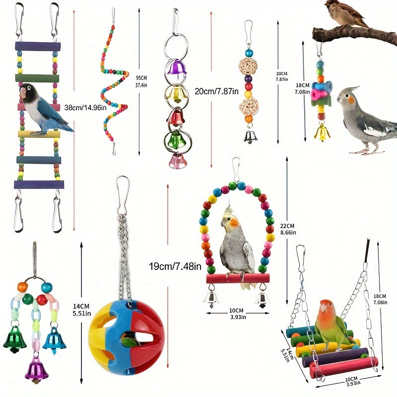 Ensemble de jouets pour perroquets - Balançoire, perchoir et jouets à mâcher pour perroquets, perruches, calopsittes, perruches ondulées et inséparables - Accessoires d'enrichissement pour cage à oiseaux, couleurs assorties