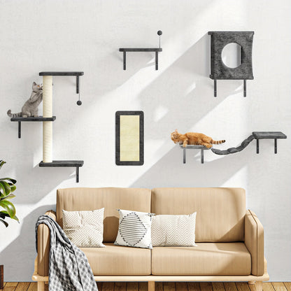 Ensemble de 5 étagères murales pour chats - Perchoir, grimpeur et pont flottants pour chats, mobilier moderne pour chats d'intérieur, alternative à l'arbre à chat avec plateforme de couchage, maison pour chat gain de place
