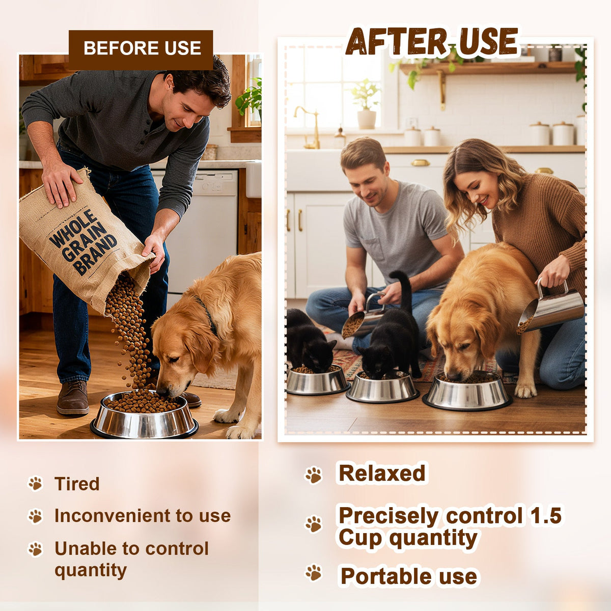 Set de 2 pelles à croquettes en acier inoxydable - Doseurs pour animaux de 45 ml et 355 ml durables avec poignée ergonomique antidérapante, résistants à la rouille et faciles à nettoyer pour croquettes et seaux de nourriture