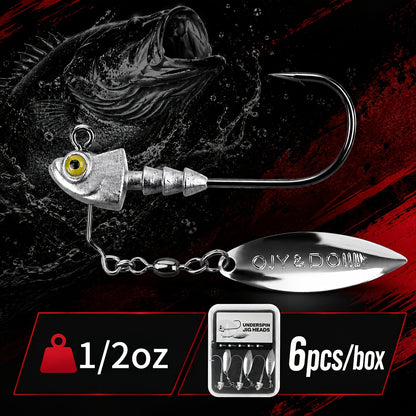 Underspin Jig Heads 6-Pack with 100% Brass Blade (Never Rust) - Bass & Saltwater Fishing Lures - 3/16oz 1/4oz 3/8oz 1/2oz Sizes Included