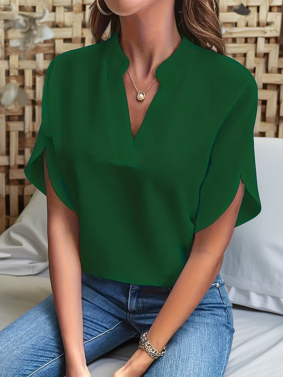 Chemisier ample à col en V et manches chauve-souris pour femme, haut pull uni - Style décontracté pour le travail au printemps, en été et en automne | Chemise légère et respirante