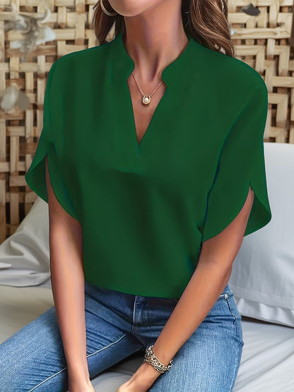 Chemisier ample à col en V et manches chauve-souris pour femme, haut pull uni - Style décontracté pour le travail au printemps, en été et en automne | Chemise légère et respirante
