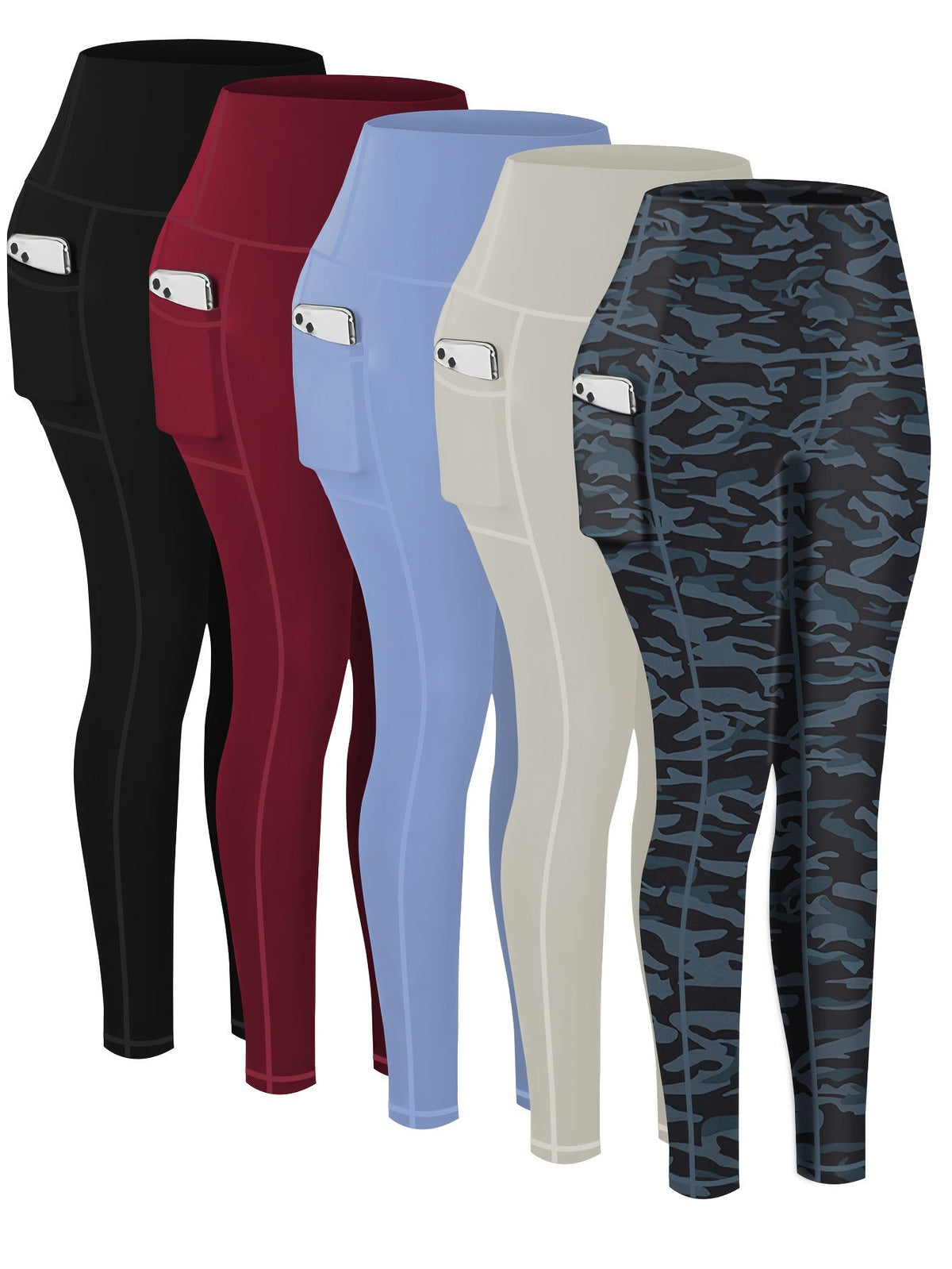 Lot de 5 pantalons de yoga de compression à motifs pour femmes – Leggings de fitness 7/8, coupe cheville, à motifs léopard, camouflage et unis, bas de survêtement de sport taille haute pour la gym, S-XXL