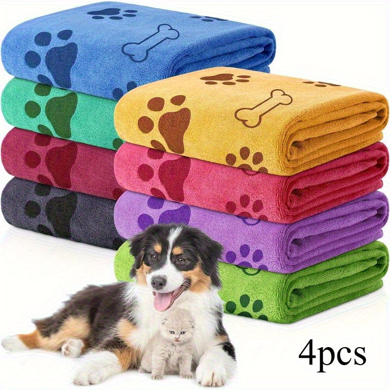 Serviettes pour chien à séchage rapide, lot de 4 – Ensemble de serviettes de bain pour animaux en microfibre douce et absorbante avec motifs de pattes pour chiens de taille moyenne, serviettes de toilettage et de bain, couleurs assorties aléatoires