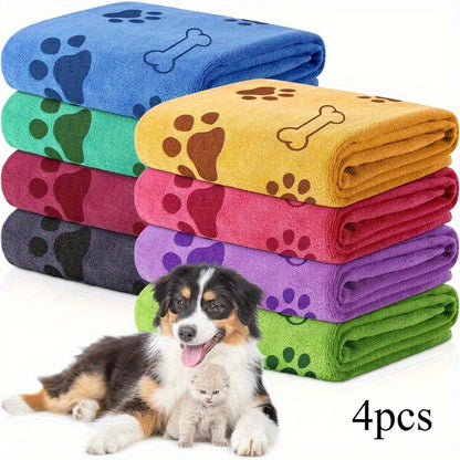 Quick-Dry Pet Towels 4-Pack – Soft Absorbent Polyester Dog Bath Towels with Paw Print Design for Bathing & Drying Medium Dogs, Random Assorted Colors, Reusable Grooming Towel Set