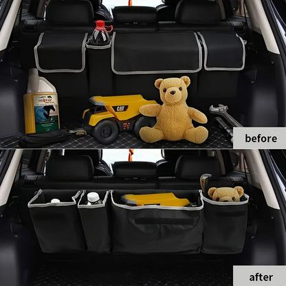 Organisateur de coffre de voiture à suspendre au siège arrière avec 4 poches, sac de rangement pliable pour SUV, camion, monospace et fourgon – Organisateur de rangement intérieur noir à poches multiples pour les voyages et l'usage quotidien