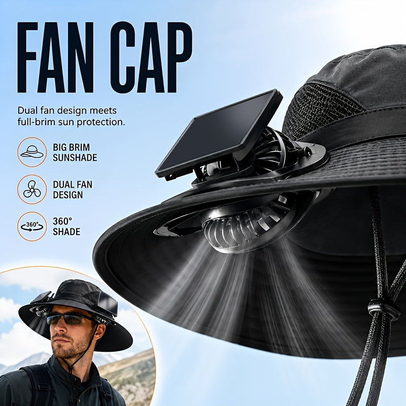 Chapeau de soleil à larges bords avec ventilateurs solaires – 2 ventilateurs solaires intégrés, vitesse du vent réglable, maille respirante, chapeau d'extérieur anti-UV avec mentonnière pour la pêche, le camping et les voyages