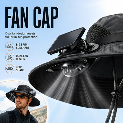 Chapeau de soleil à larges bords avec ventilateurs solaires – 2 ventilateurs solaires intégrés, vitesse du vent réglable, maille respirante, chapeau d'extérieur anti-UV avec mentonnière pour la pêche, le camping et les voyages