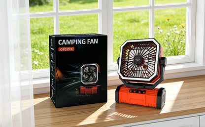 Ventilateur de camping portable 20 000 mAh avec télécommande, lumières LED, 4 vitesses et rotation à 360° – Ventilateur oscillant rechargeable sur batterie pour camping en plein air, camping-car et voyage