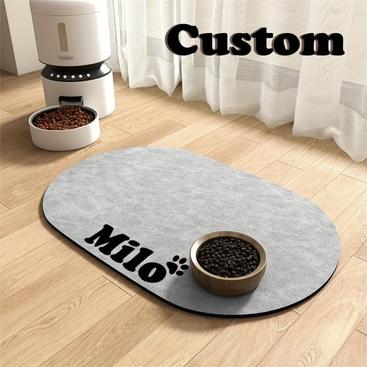 Tapis de gamelle pour animaux à séchage rapide avec base antidérapante en caoutchouc - Nom personnalisé, design minimaliste gris foncé pour chiens et chats, usage intérieur, cadeau idéal pour les propriétaires d'animaux